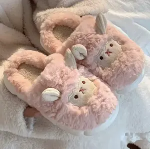 Winter Cartoon Plush Slippers Warm Fluffy Faux Fur Sheep Design Indoor Home Couple Cotton Slippers for Men And Women