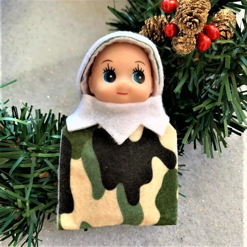 Camo Baby Elf, Miniature Christsmas Elf, Holiday Elf Figurine