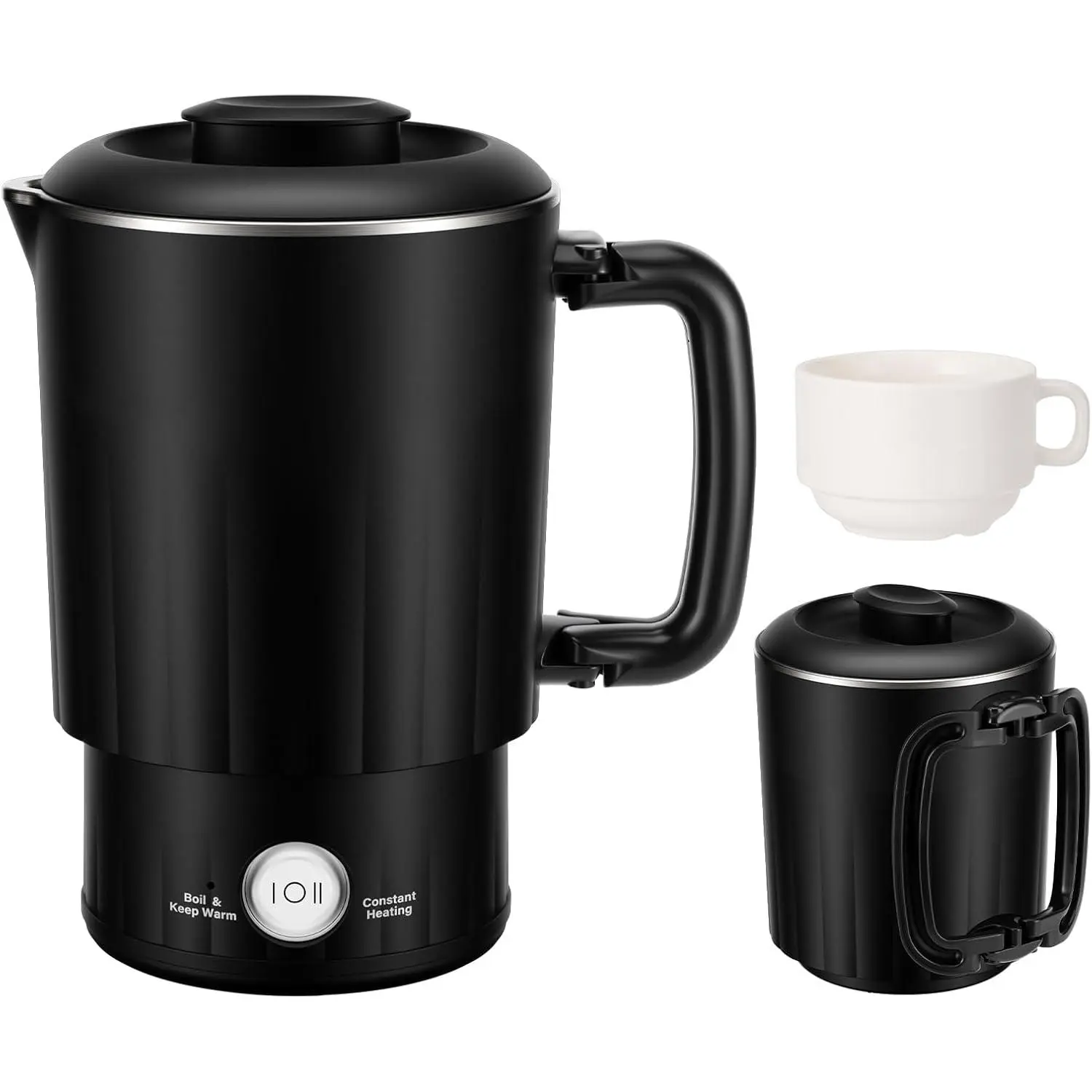 Portable Travel Electric Kettle, 600ML Small Water Kettle with Ceramic Cup, 304 Stainless Steel Water Boiler with  Power Control, Compact Design for Camping, RV, Business Trip & Hotel Stays, Black