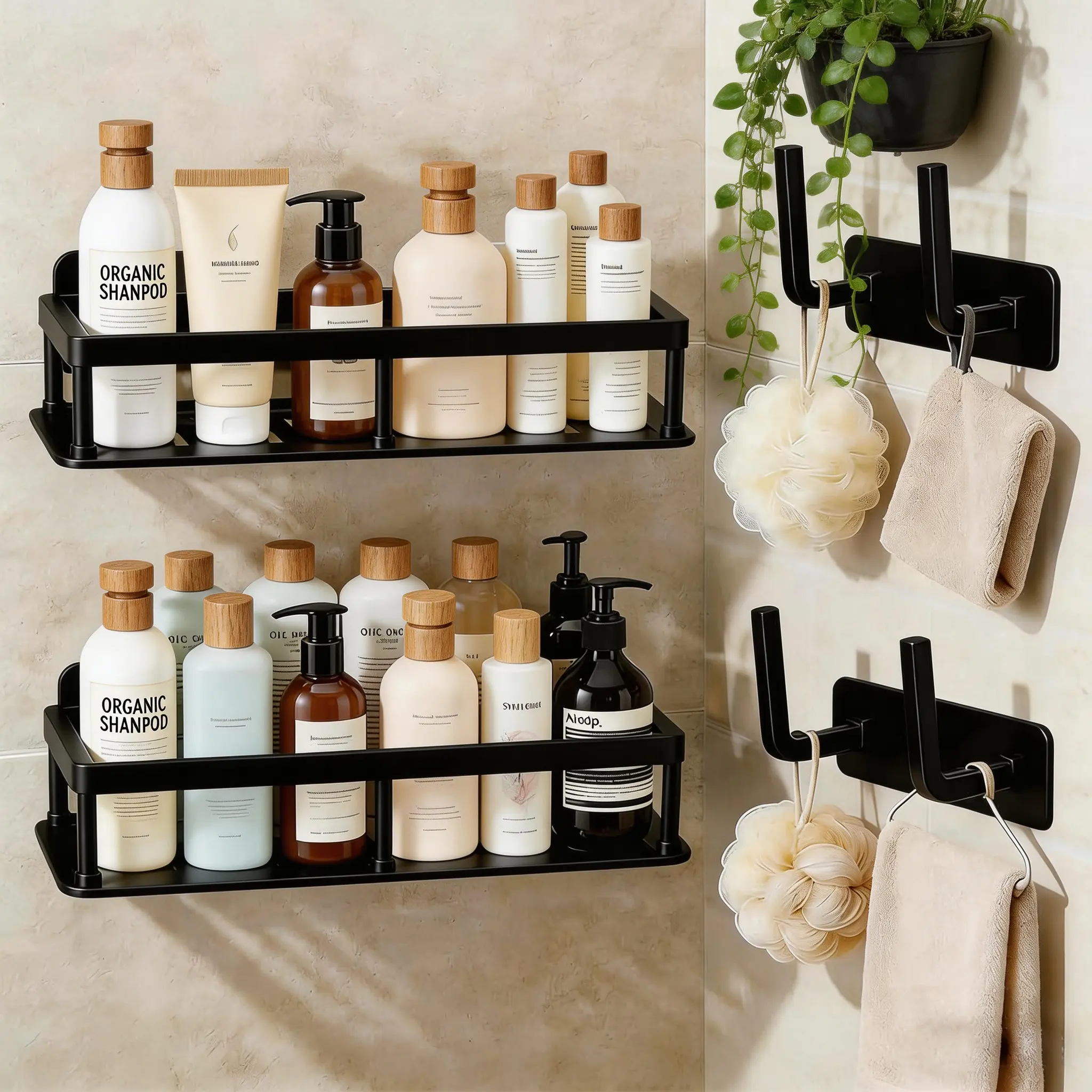 Self-Adhesive Shower Shelves Basket, Black Large Capacity Bathroom Organizer, 2 Pack No Drilling Wall Caddy with Hooks