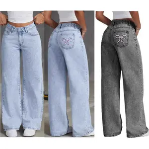 Women  Baggy Jeans Bow Embroidered Jeans Women High Waist Straight Leg Pants Womenswear Bottom