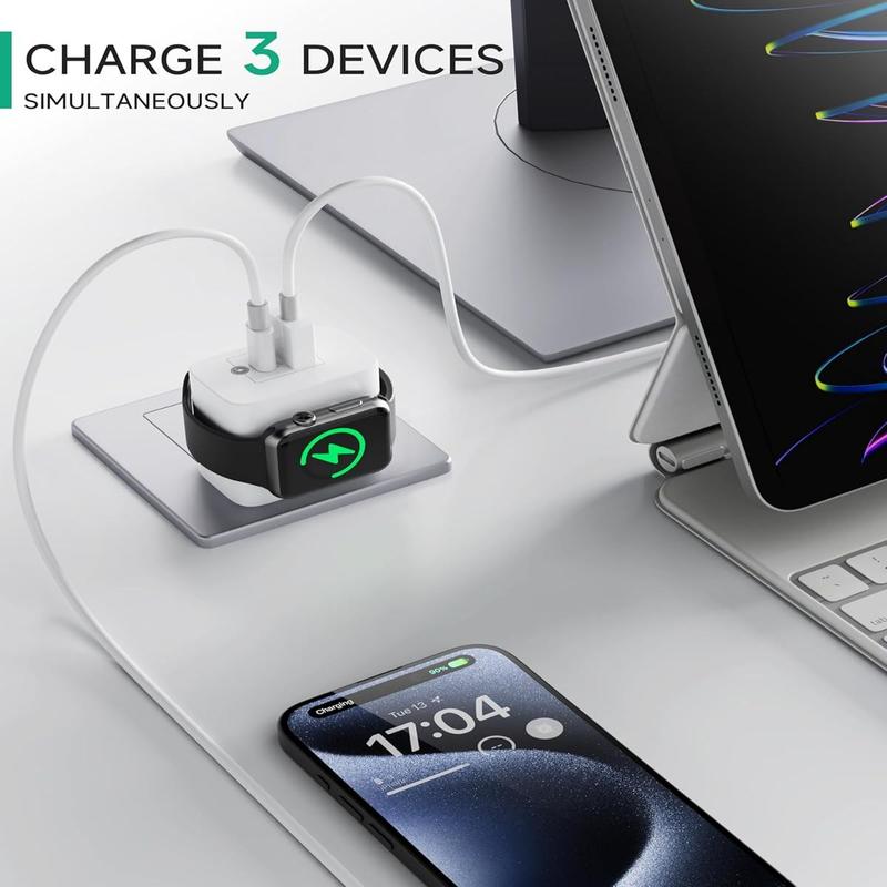 Watch Charger, Magnetic Wireless Charging Block with PD 23W USB-C Fast Charger, 3-in-1 Dual Port for Watch Series Ultra/SE/9/8/7/6, Phone 16/15/Pro Max,iPad Pro/Air, White