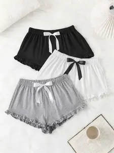 Women's Bowknot Sleeping Shorts Pajama Bottom, Valentine's Day Gift, Home Wear, Ramadan, 3Piece Pack, Loungewear, Nightwear, Pjs, Pyjamas