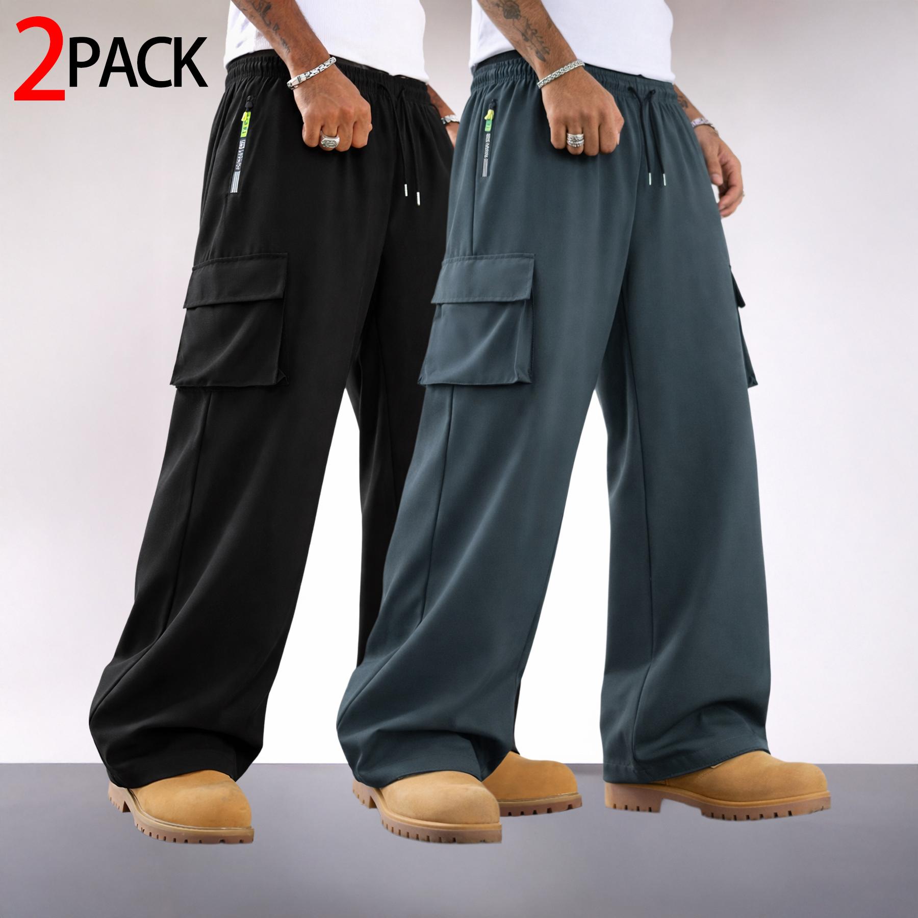 2 Pack Mens Cargo Pants Wide Leg Drawstring Multi Pocket Streetwear Utility Trousers Loose with Zipper Pocket and Large Flap Cargo Pockets for Casual Commuter Outdoor Wear and Relaxed Daily Outfits