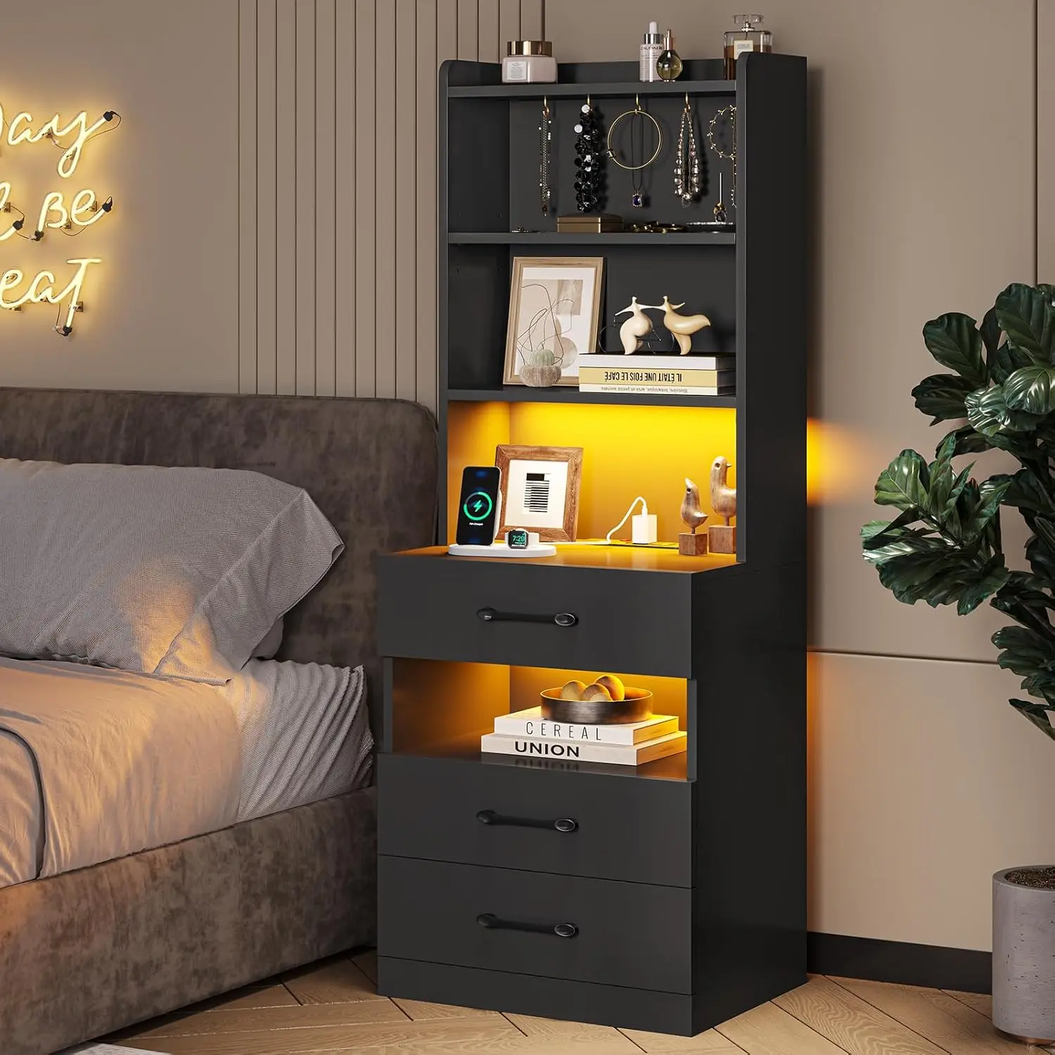 VIAGDO Tall Height Engineered Wood Modern LED Nightstand with Drawers - 3 Drawers, Charging Station, Bookshelf, Room Storage, Assembly Guide, Bedroom & Children's Furniture Side Table