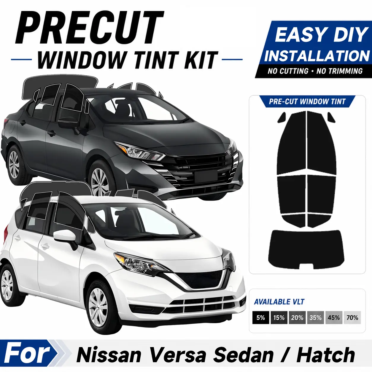 Precut Window Tint Film for Nissan Versa Sedan/Versa Hatchback 2007-2025 All Side+Rear Windshield Any VLT 2Ply Anti-Shatter, UV Block, Privacy Protection, No Trimming Needed,Heat & Glare Reduction