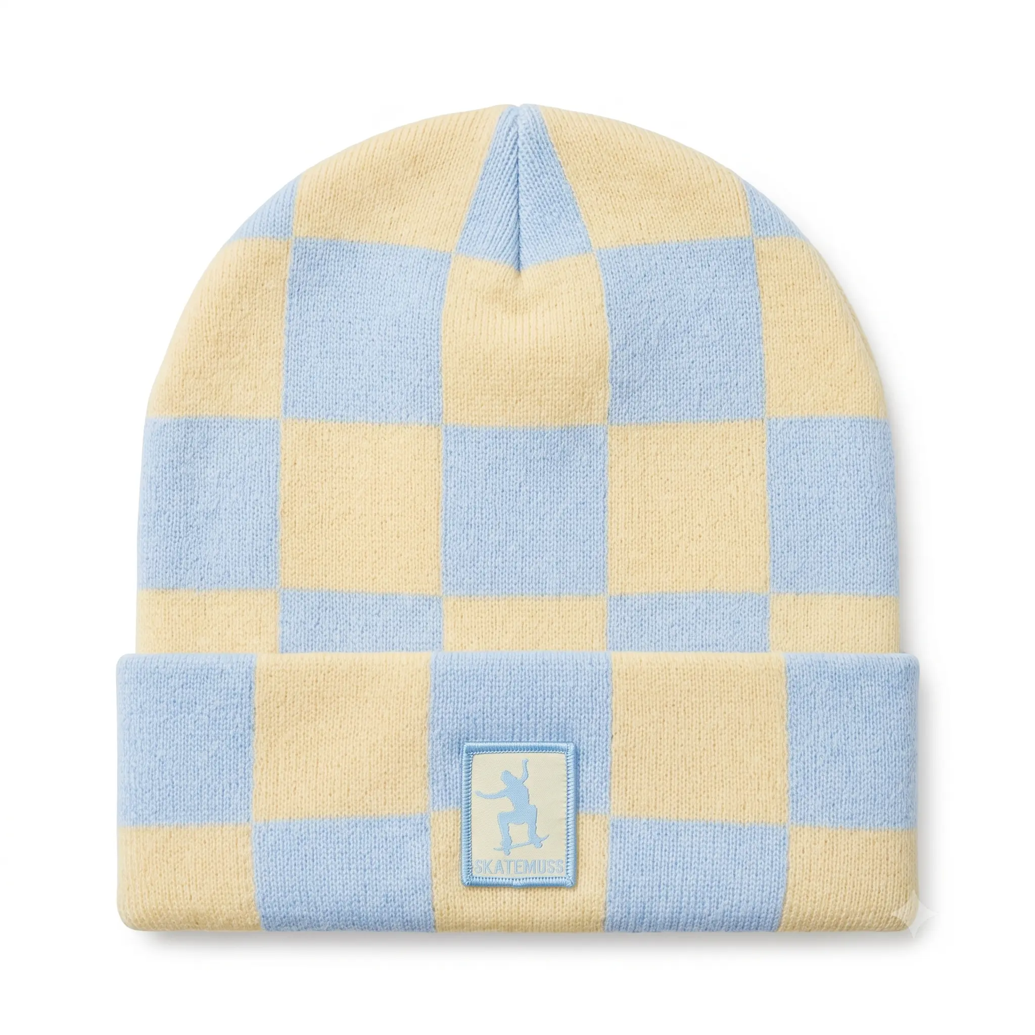 SkateMoss Grandmaster Checkerboard Knit Beanie – Muted Blue & Pale Yellow Cuffed Winter Cap