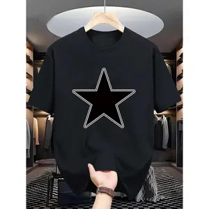 Front Pentagram Printed Round Neck Short Sleeved T-Shirt Top, Comfortable And Breathable Fabric, Casual Sports Style Men's Cotton Streetwear T-Shirt