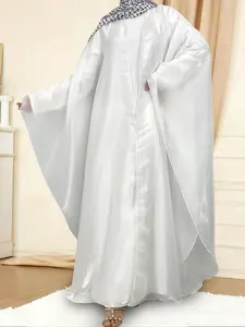 Women's Solid Color Batwing Sleeve Lounge Abaya, Casual Long Sleeve Open Front Lounge Dress for Daily Wear, Ladies Sleepwear for All Seasons