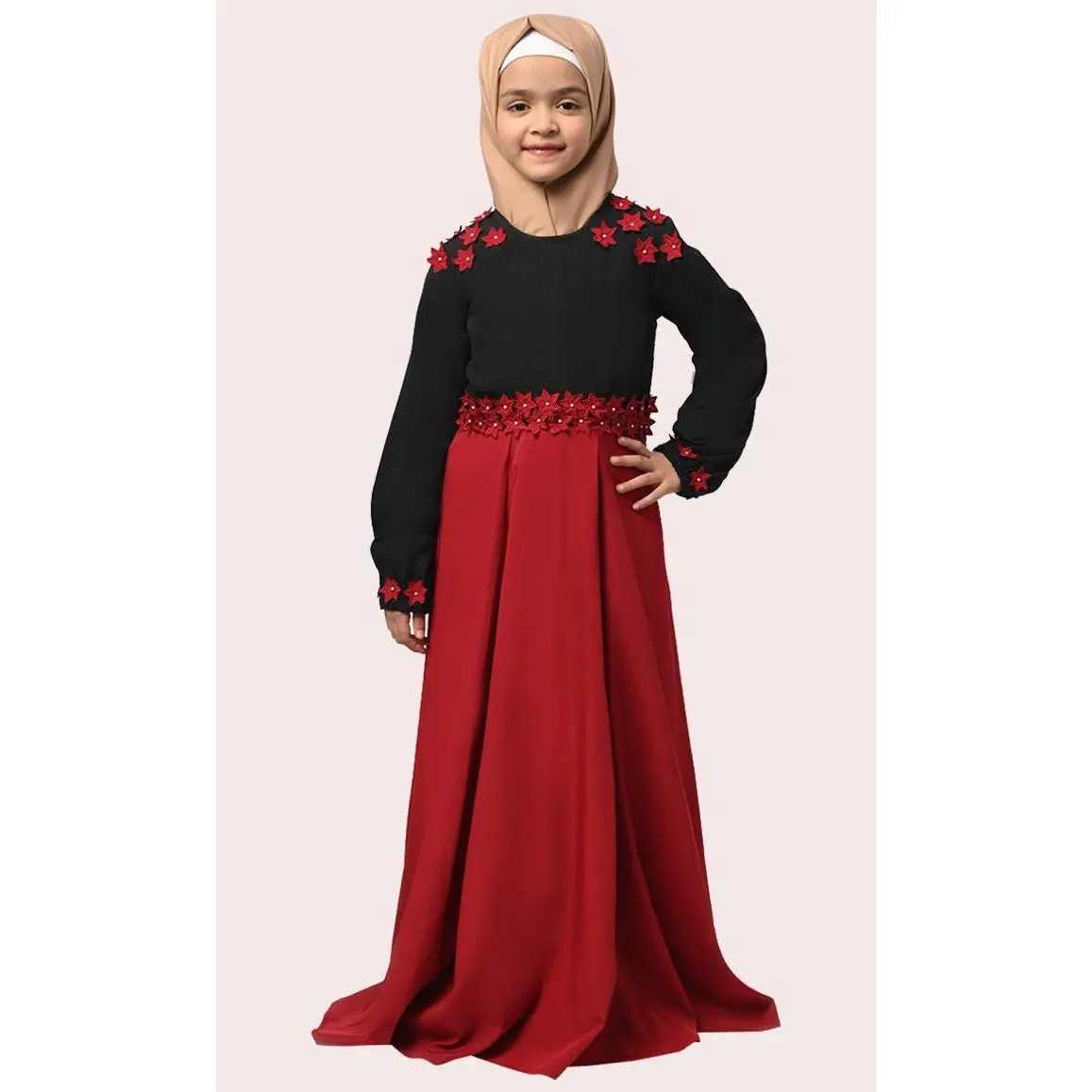 Little Girl Rihana Black & Red Modest Abaya With Pockets