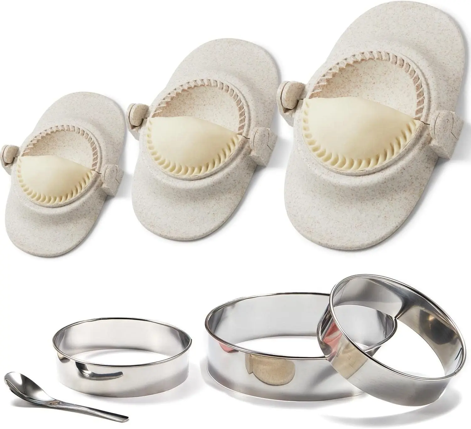 Dumpling Maker Set, 3 Sizes (4"+3"+2.6") Empanada Press Mold with Dough Cutter for Pierogi, Pastelitos, Calzone, Turnovers, Chinese Dumpling, White