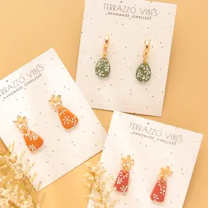 Terrazzo Vibes Elegant Autumn Fall Flower Patterned Dangle Gold Earrings Orange Red Green Gold Plated Nickel Free Hypoallergenic Gifts for Her Handcrafted Polymer Clay Durable Resin 14k Gold Plated Brass Post