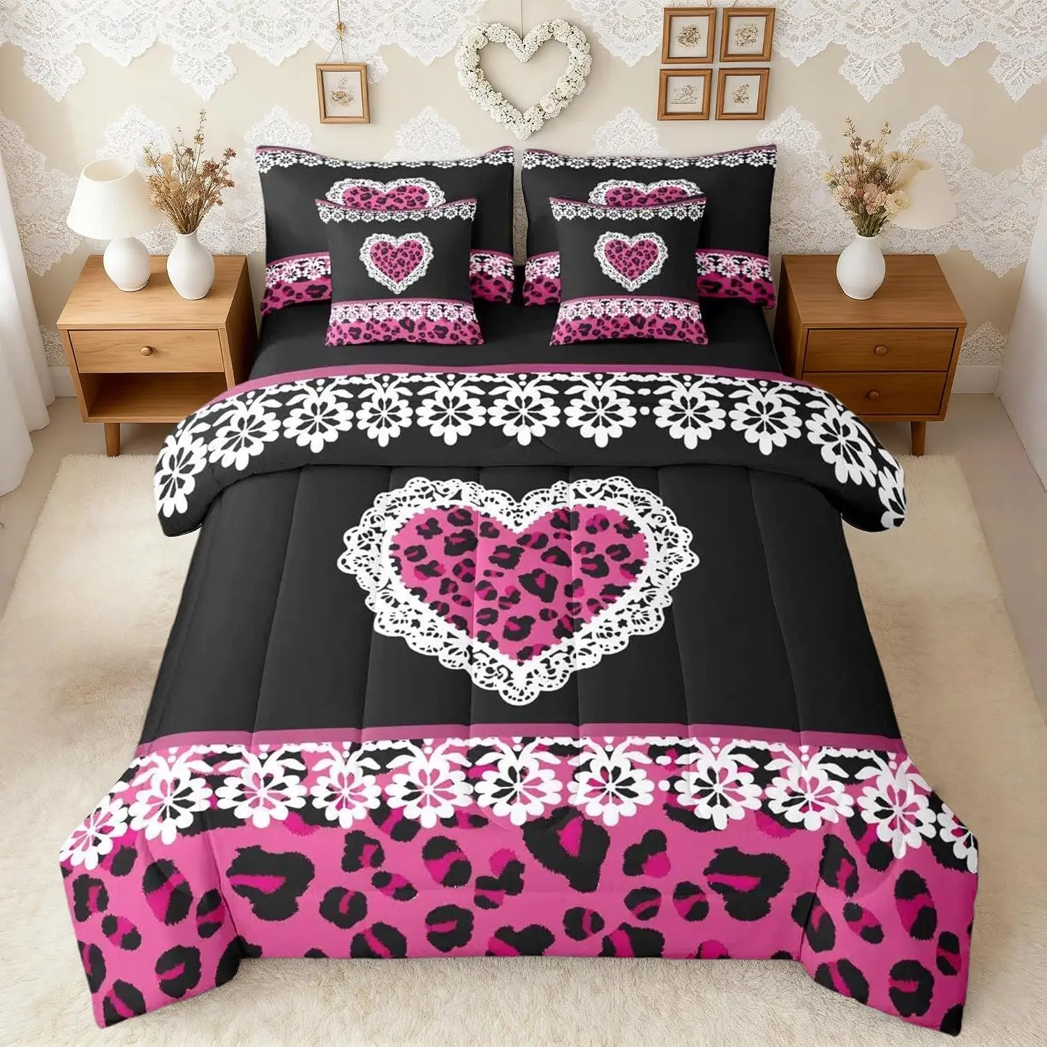Damask Leopard Print Comforter with Sheet Set 7 Pieces Pink Cheetah Heart Pattern Bedding Set White Lace Bed in a Bag Love Leopard Print Bedroom Decor