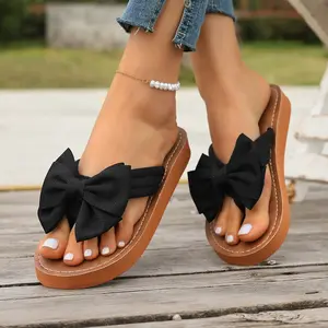 Women's Spring Summer French Style Bow Flip Flops, Black White Brown Flat Thong Sandals for Beach Vacation Date Wedding