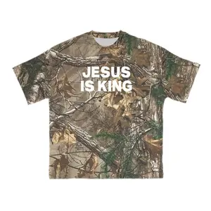Jesus Is King Dead Leaves Camo T-Shirt, Faith Inspired Graphic Tee, Christian Streetwear Outfit, Outdoor Casual Style