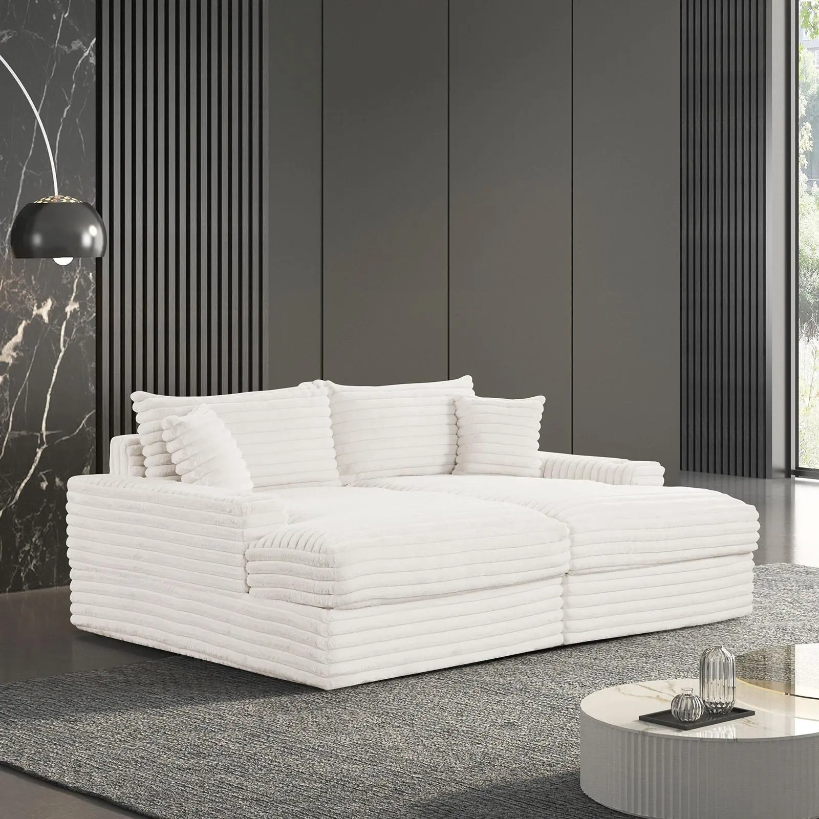 FOA Tavedestrand Double Chaise Sofa - Modern Soft Chenille Upholstery White Couch with USB Charging Ports, Track Arms for Living Room Comfort