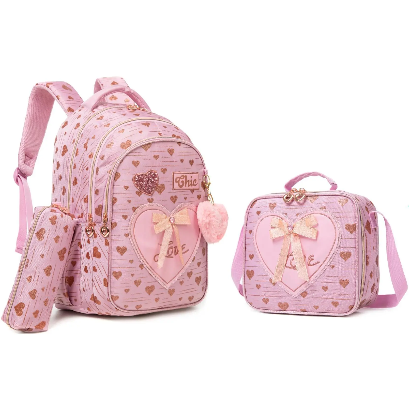 Girls' Pink Gold Heart 3-Piece Backpack Set -Colorful Playful, Pink Edition, Bow Graphic Backpack with Lunch Bag & Pencil Case, Chic Glitter, Clear Lightweight, Multifunctional for K-Pop Fans, School & Travel, Cartoon Theme Backpacks