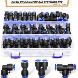 60 count 1/4OD Push to Connect Fittings Air Hose Fittings Quick Release Pneumatic Kit (15 Spliters,15 Elbows,15 Tee,15 Straight) for Air Line 1/4"Tube