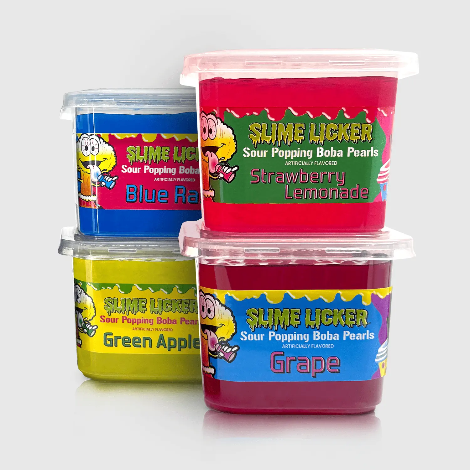 Sour Slime Licker Popping Boba – 4 Tubs Pack | 11 oz Grape, Green Apple, Blue Raspberry Strawberry Lemonade Popping Pearls with Tangy Sour Flavor | Bursting Juice Balls for Drinks & Desserts