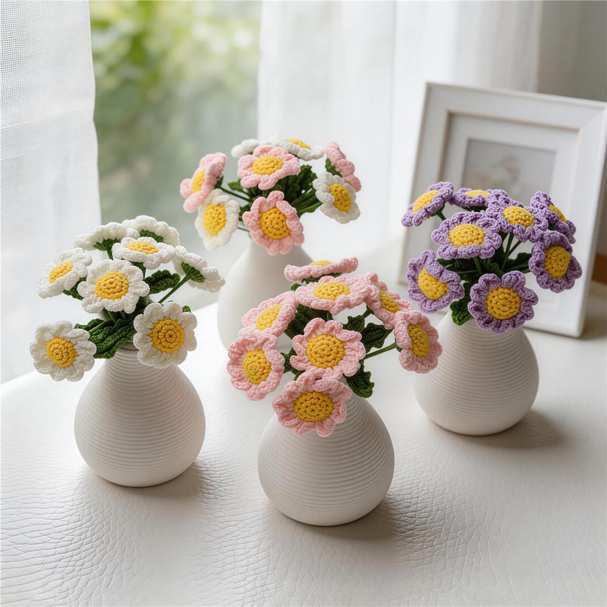Mini Handmade Crochet Daisy with Ceramic Vase, Perfect for Table Decor, Home and Bedroom Decoration, Elegant Floral Accent