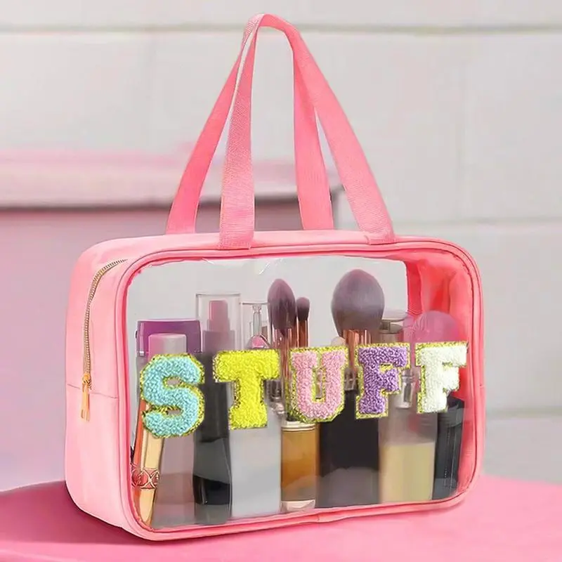 1counts Embroidered Letter Makeup Bag Transparent PVC Toiletry Bag Large Capacity Beach Bag Travel Storage Bag Convenient to Carry Cosmetic Bag