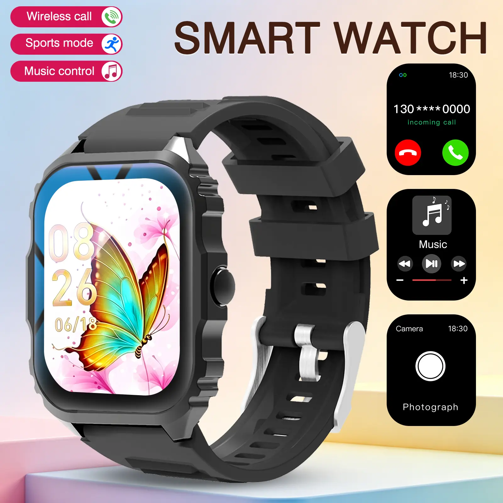 Stylish Square Smart Watch | Bluetooth Calling + DIY Watch Faces + Smart Notifications + Weather; features an irregular, wavy-edged design that is stylish, novel, and unique.