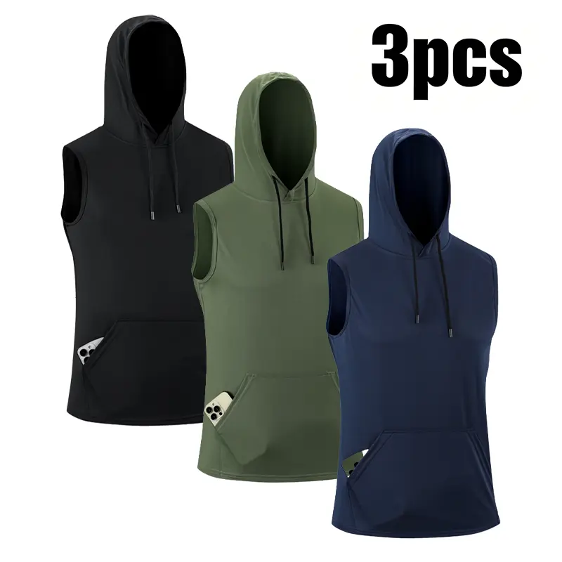 3-Pack Men’s Sleeveless Hooded Workout Tanks — Dry-Fit, Moisture-Wicking, Lightweight, Breathable Athletic Running Vests with Kangaroo Phone Pockets; Summer Casual Gym Fitness Tops for Men