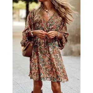 GGFL ChromaChic Women's Long Sleeve Bohemian V-Neck Knee-Length Polyester Dress - Whimsigoth Elegant Wear with Print, Button Details - Casual Sports & Outdoor Clothing