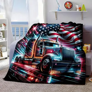 Cozy All-Season Flannel Blanket with Vibrant American Truck & Flag Design - Soft, Warm, Reversible Throw for Bed, Sofa, Camping, Travel - Easy Care, Machine Washable - Available in Multiple Sizes OCloud-soft, floral-printed, gold-trimmed luxury