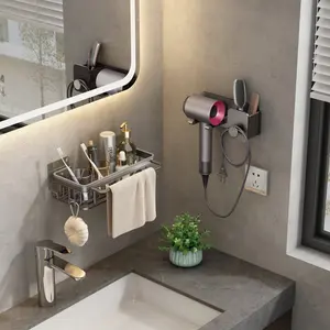 Metal Hairdryer Holder, Ultra Durable Non-Puncture Adhesive Wall Mount, Cordless Bathroom Organizer for Easy Storage, Bathroom Accessory