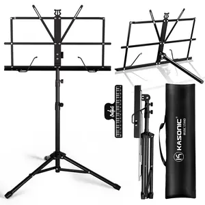 K KASONIC Black Folding Music Stand, Adjustable Sheet Music Stand with Desktop Book Stand, Clip Holder and Carrying Bag