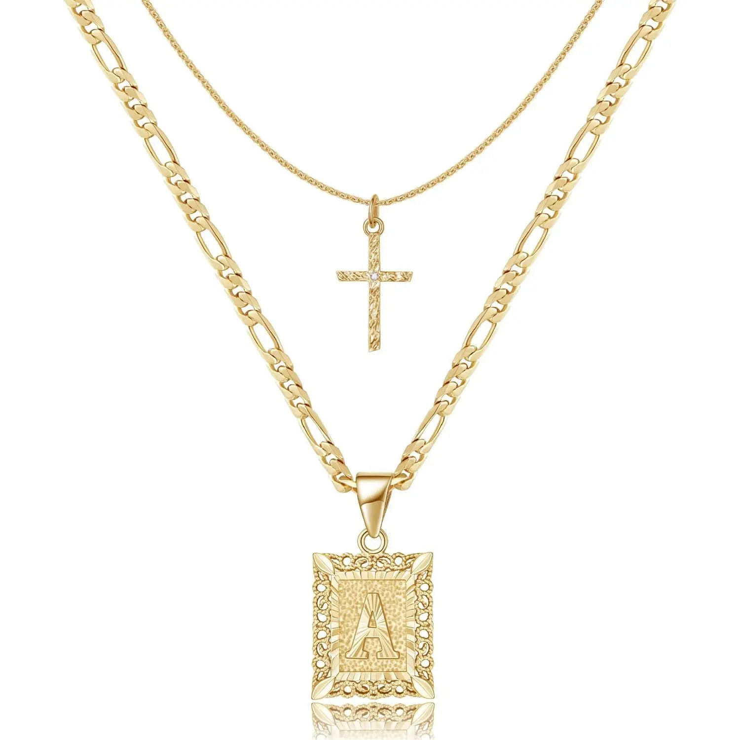 Gold Layered Initial Cross Necklace, 14K Gold Plated Layering Square Letter Pendant Chain Cross Choker from A-Z Capital Jewelry for Women Girls