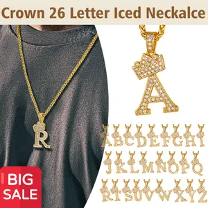 FindChic Crown Initial Necklace 26 Bling Letters A-Z Pendant Cubic Zirconia Hip Hop Alphabet Name Jewelry Unisex For Women Men