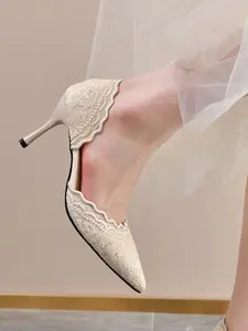 Women's Embroidered High Heels Spring & Fall Casual Shoes, Pointed Toe Textile Upper Rubber Sole Wedding Bridal Shoes