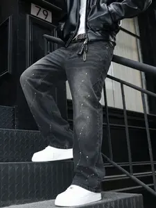 Men's All-Season Washed Distressed Denim Jeans, Plain Denim Pants Loose Straight Fit Fashion Casual Long Pants, American High Street Streetwear Hip-Hop Style