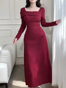 New Women's Solid Color Casual Long Sleeve Dress, Fitted Plain Style, Spring & Fall Fashion, Comfortable and Stylish