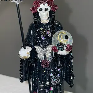 Santa Muerte Statues 5.5-inch Bedazzled Figurine with Unique Design Pearl Accents Colorful Beads for Home Office Decor