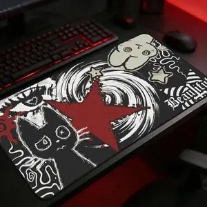 Dark Punk Mouse Pad Grunge Red Star Cat Art Desk Mat Alt Aesthetic Gaming Mat for Goth, Emo and Indie Setup Lovers Anime Lover Gift