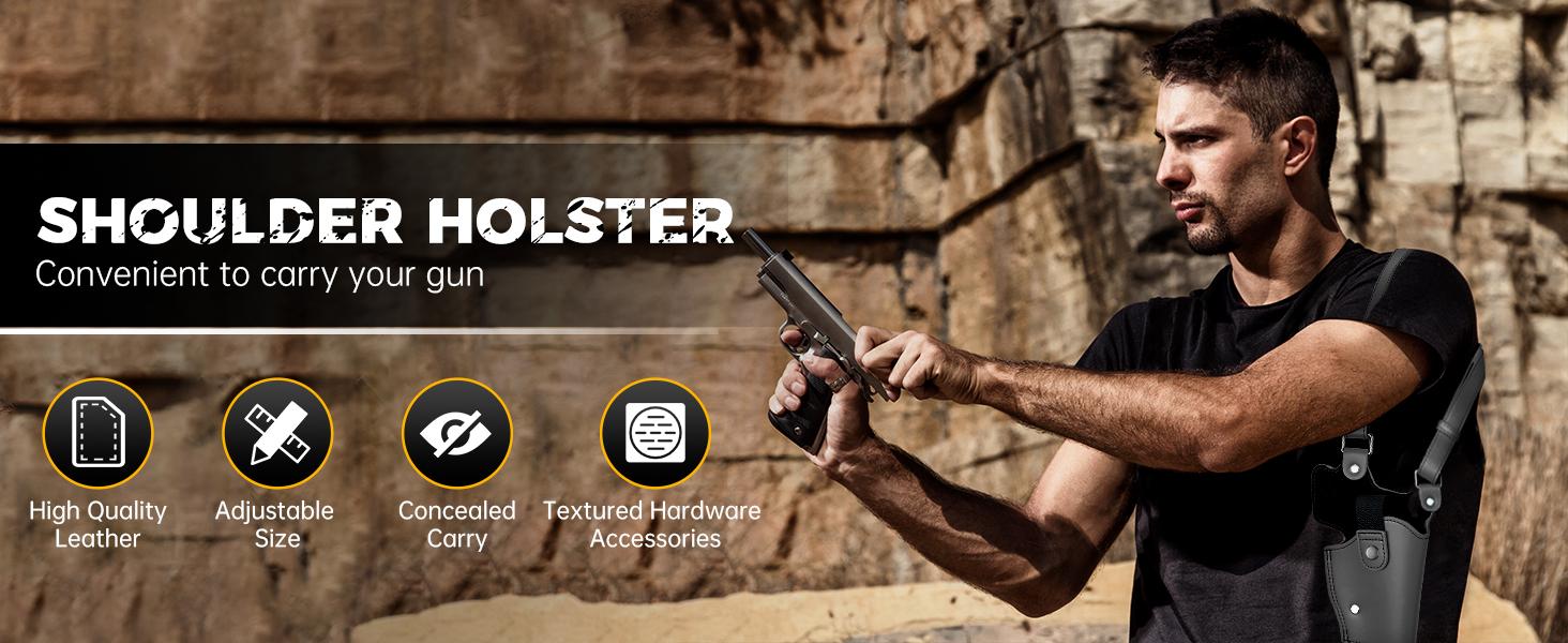 Shoulder Holster for Concealed Carry Adjustable Leather Shoulder Holster with Double Magazine Pouch, Fits 1911, Glock 17/19/23 and Most Similar Size Pistols, for Right Hand Use