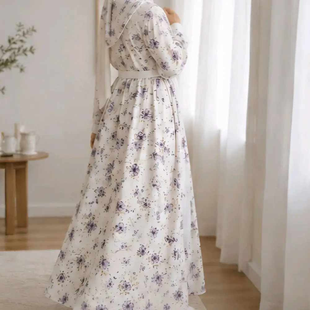 Purple Floral Print Abaya with Inner Layer
