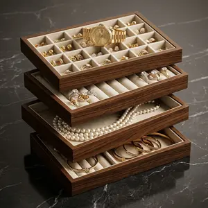 Aesthetic Dark Wood Jewelry Trays, 4-Piece Stackable Velvet Drawer Inserts for Tangle-Free Necklaces & Rings