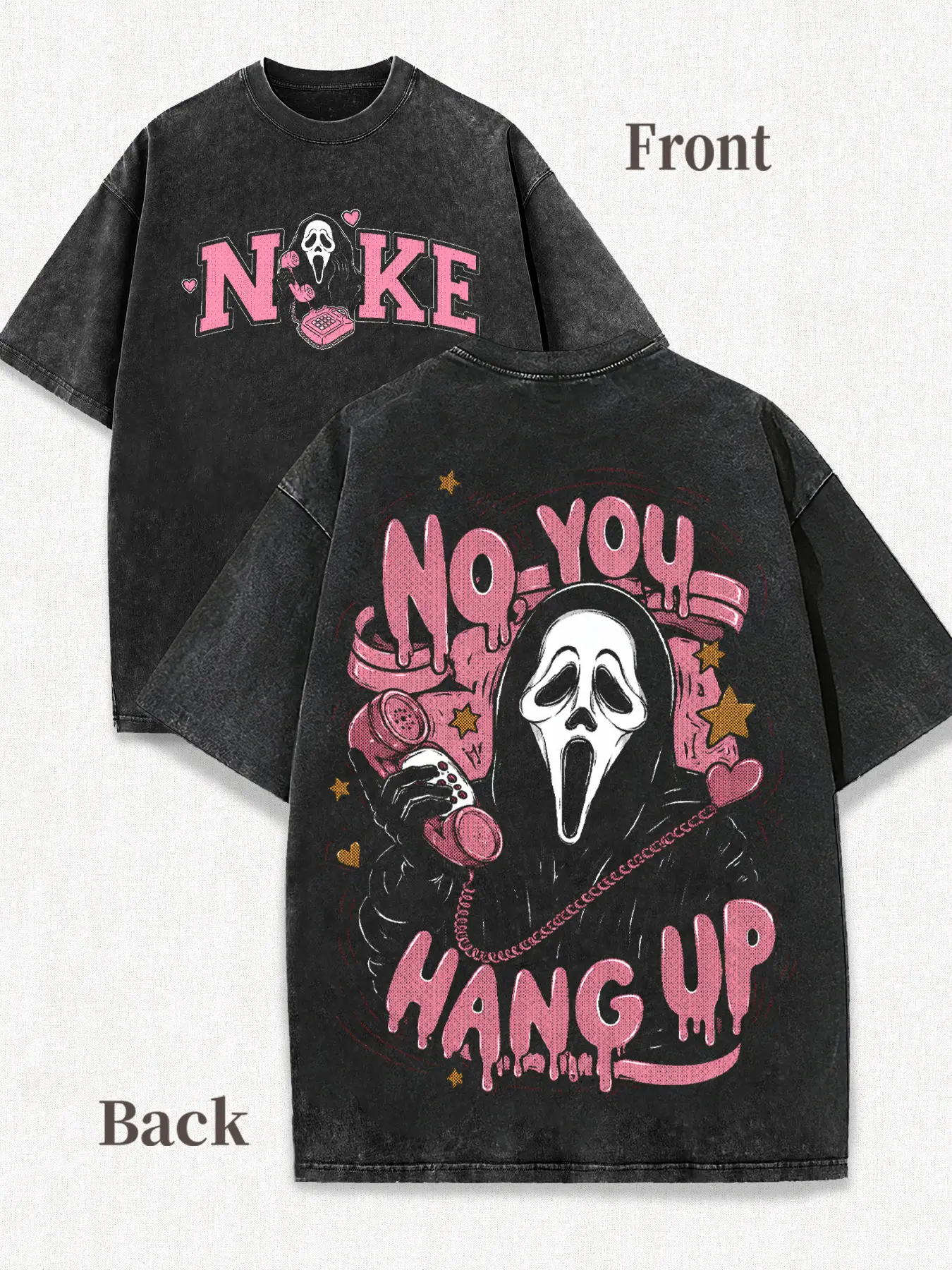 Classic horror film “Scream” ghostface killer washed vintage print T-shirt featuring a famous scene where the killer terrorizes someone over the phone, iconic outfit in a Horror‑Sweet sweet‑and‑scary style—essential for Halloween and an excellent gift for