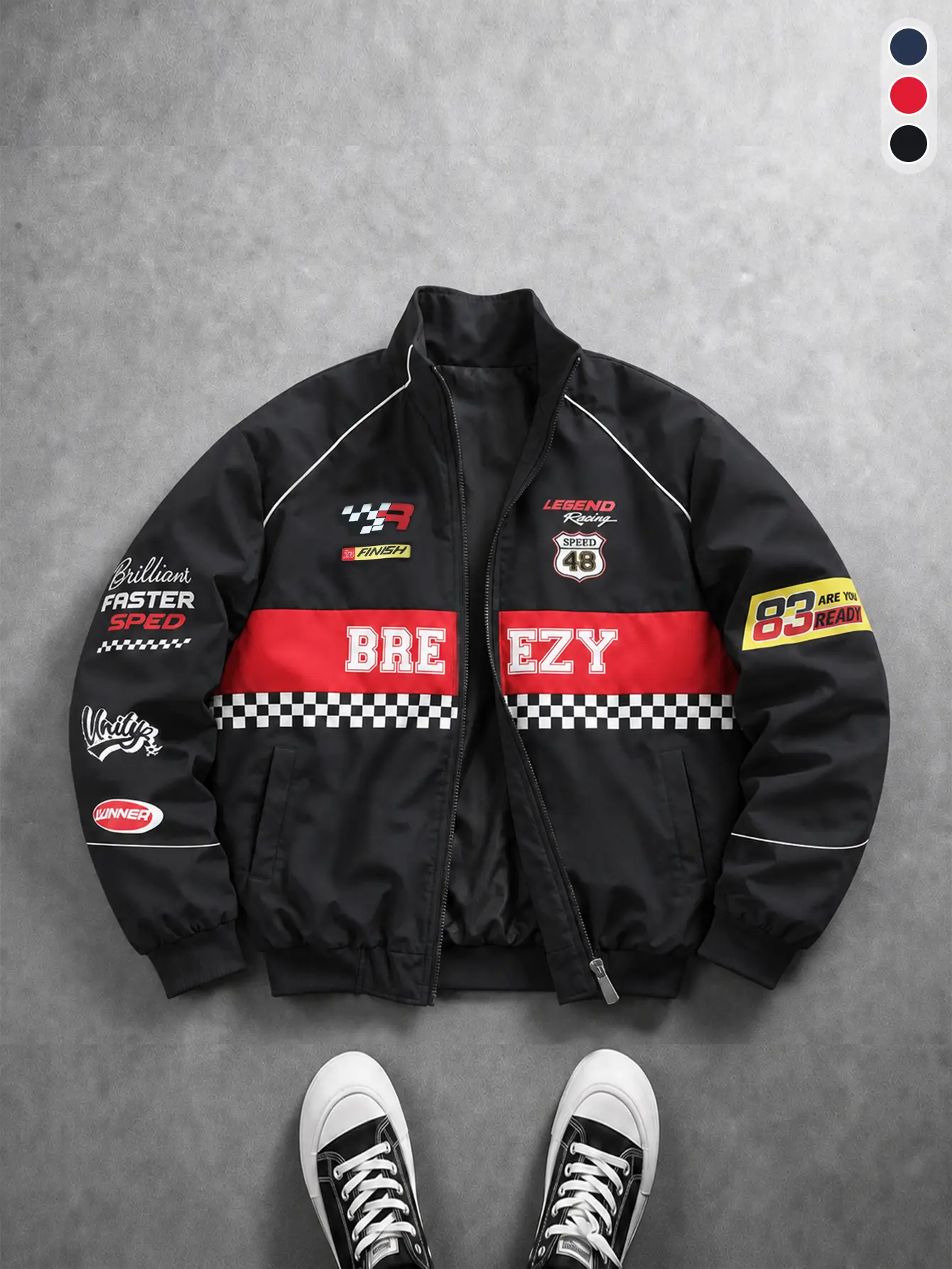 Men’s black-and-red racing-style stand collar jacket with side pockets, ribbed cuffs and hem for warmth, full zip closure, wear-resistant fabric—trendy streetwear casual outerwear for city outings and street photography.