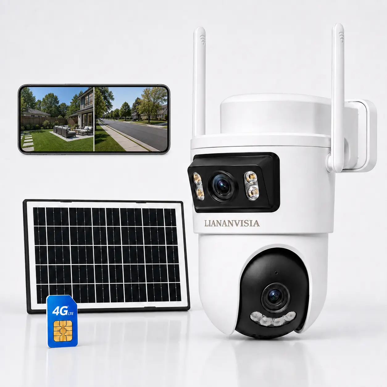 Outdoor 4G LTE Solar Security Camera, No WiFi Needed, Dual-Lens 2K PTZ, Built-in SIM Card, AI Human Detection & Auto Tracking, Color Night Vision, 2-Way Audio, Light & Siren Alarm, Waterproof, 7-Day Trial, Then 4G Plan Required