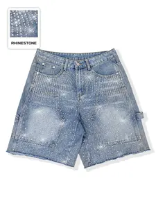 2026 new blue denim shorts, wide-leg jeans, rhinestone embellishments, multi-pocket casual denim shorts; American street style; fashionable everyday denim wear. Low Rise Raw Hem