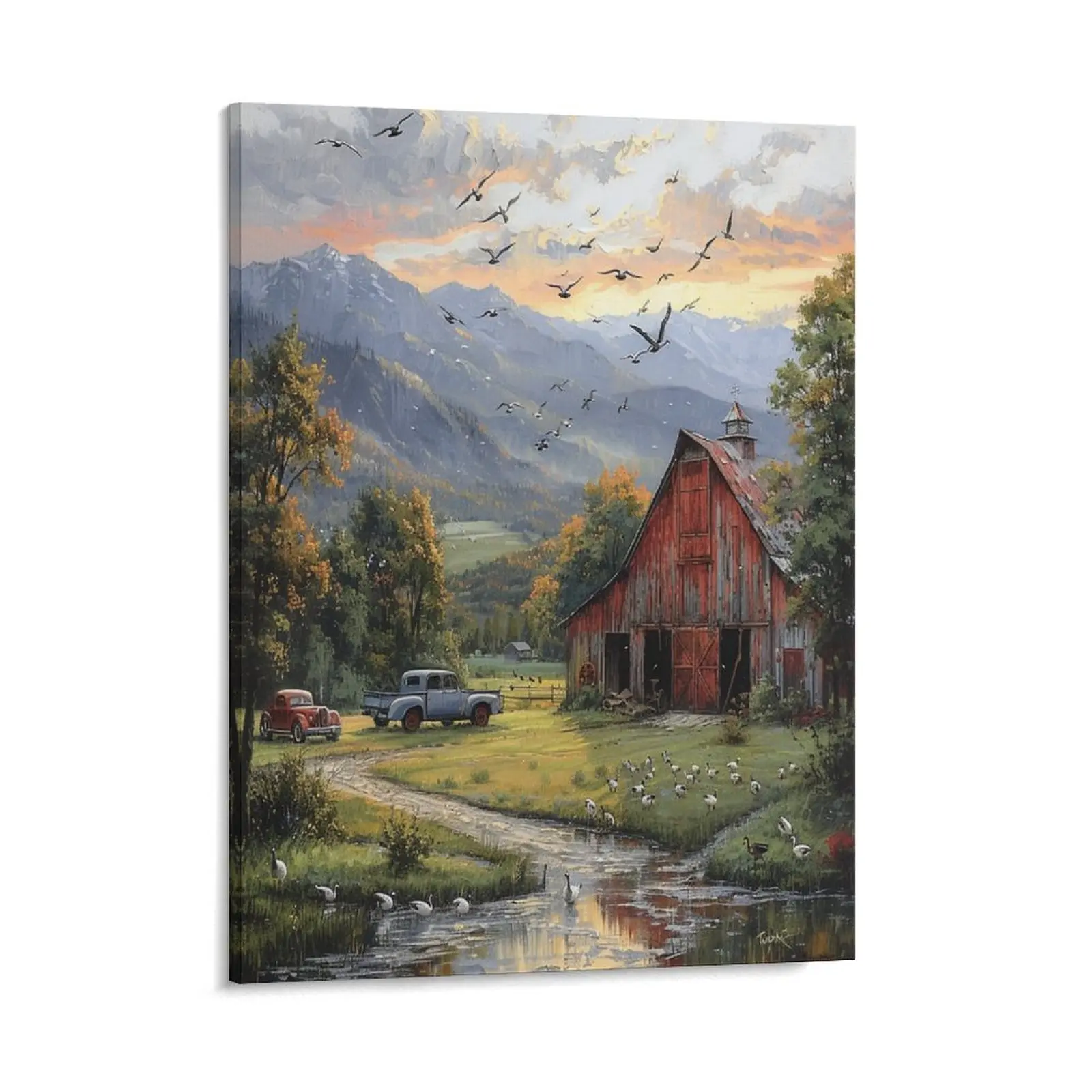 Rustic Red Barn Posters Wall Art Prints Farmhouse Nature Scenery Mountain Birds Canvas Posters Home Wall Art Family Bedroom Office Decor Aesthetic Festival Gift
