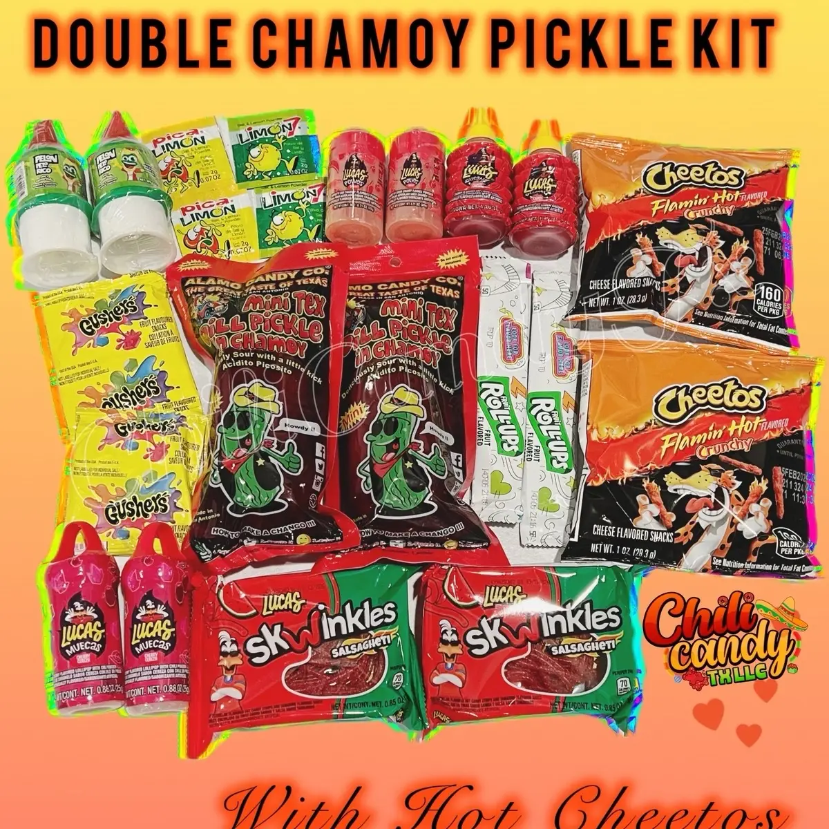 Double Chamoy Pickle Kit with Hot Cheetos, Gushers, Fruit Roll Ups, Liquid Lucas, Lucas Powder, Red Lucas Lollipop Powder, Skwinkles, Pelon Pelo Rico
