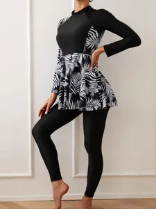 Women's Leaf Print Swimsuit Set, Casual Mock Neck Peplum Swim Top & Skinny Pants, Women's Swimwear for Fall & Winter, Clothing