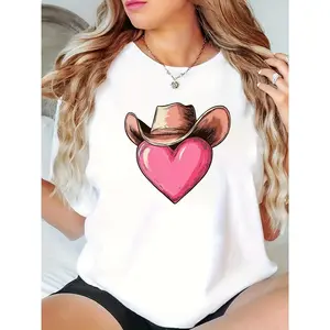 Western Cowboy Style T-Shirt, Made Of, Casual Round Neck, Short Sleeves, Fabric, Featuring a Heart-Shaped Print