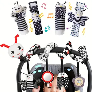 Baby Toys Musical Rattles Set, Car Seat Toys for Babies, 0-6 Months Stroller Activity Baby Spiral Plush Toys Newborn High Contrast Sensory Carseat Toys with 4 Pendants Hanging Gift